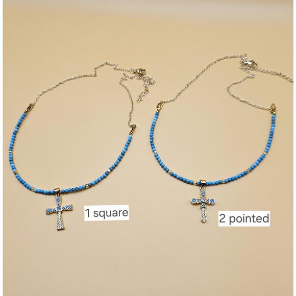 Handmade Blue Turquoise Cross Necklace Choose Gold Plate Adjustable Chain - Picture 2 of 9